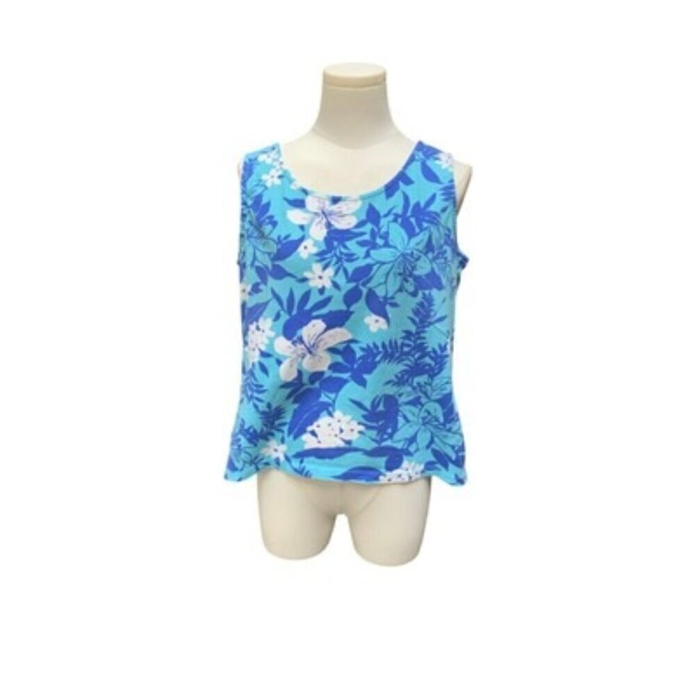White Stag Ladies Large Sleeveless Floral Tank Top Blue & White Cotton/Spandex